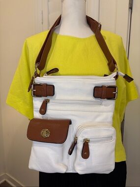 Clark’s PU leather messenger crossbody bag white/cognac 10”X10”